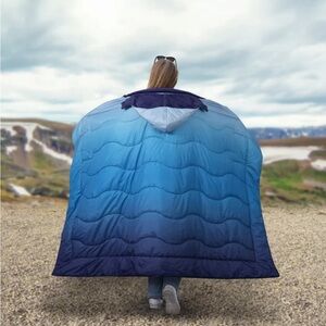 Below Zero Wearable Blue Blanket Water Resistant Reverses to Cozy Plush Flannel